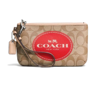 ราคา กระเป๋าคล้องมือ COACH ของแท้ มือ 1 Coated Canvas ลาย Signature มีสายคล้องมือและป้ายหนังแท้ ขนาดกลาง ใส่โทรศัพท์ได้ COACH 51783 Horse and Carriage Signature Coated Canvas Medium Wristlet Crimson (17766