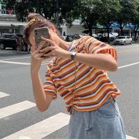 ราคา เสื้อยืดแขนสั้นพิมพ์ลายทางสีรุ้งท็อปส์สไตล์เกาหลีสําหรับผู้หญิง + 2020 (3652402780)