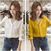 ราคา vivi88 เสื้อเชิ้ตสีพื้น เสื้อทำงานผู้หญิง เสื้อเชิ้ตชีฟองผู้หญิง เสื้อเชิ้ตแขนยาวแฟชั่นเกาหลี เสื้อสีเหลือง เสื้อสีขาว (2576537519)