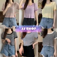ราคา JJ Shop พร้อมส่ง เสื้อไหมพรมแขนสั้น ทางลายเล็กน่ารัก 7617 (3051148743)
