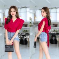 ราคา เสื้อครอปคอวีแขนกุดแขนระบาย โบว์ผูกหลัง ผ้าฝ้าย เสื้อครอปคอวีป้ายข้างแขนกุดระบาย (5880986716)