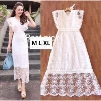 ราคา เดรสออกงาน M XL Maxi Dress เดรสขาวทอลายลูกไม้แขนระบาย งานป้าย Love Love (4258633965)