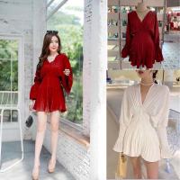 ราคา มินิเดรสอัดพลีทแบบk แพท น่ารักมก มินิเดรสคอวีอัดพลีท (3174835793)