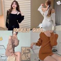 ราคา Mollygirl เดรสไหมพรมสายเดี่ยว แขนยาวปาดไหล่ผูกโบว์ 319 (9435389802)