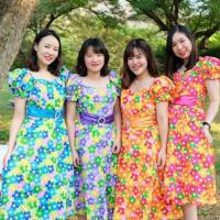 ราคา ชุดลายดอกย้อนยุค ชุดทองกวาวฟรีไซส์ยางยืด แขนตุ๊กตาดอกไม้ (3712628772)