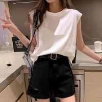 ราคา ถูกมาก เสื้อยืดแขนกุด ใส่สบาย เสื้อยืดครอปคอกลม เสื้อครอปเอวลอย ครอปเอวลอย (18424863117)