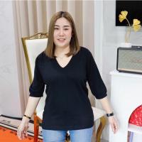 ราคา เสื้อไหมพรมผ้ายืด คอวีแขนศอก ฟรีไซส์ อก40 48 (20700776273)
