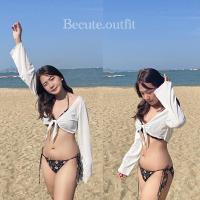 ราคา เสื้อคลุมชุดว่ายน้ำ เสื้อคลุมบิกินี่ผูกหน้า เสื้อครอปตาข่ายบางๆแขนยาวคลุมบิกินี่ พร้อมส่ง✅ (21467622848)