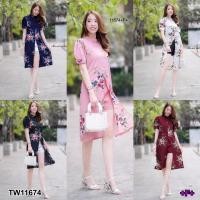 ราคา MF11674 Set 2 ชิ้น เสื้อคอปีนตัวยาวผ่าหน้า แขนตุ๊กตา เนื้อผ้าหางกระรอกลายดอกกุหลาบ มีซิปด้านหลัง มาคู่กับกางเกง (3917312225)