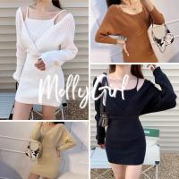 ราคา Mollygirl เดรสไหมพรมสายเดี่ยว+แขนยาวปาดไหล่ผูกโบว์ ชุดมินิเดรส เสื้อแฟชั่นผญ 319# (9435389802)