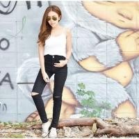 ราคา กางเกงยีนส์ขายาวขาดเข่า สีดำเอวสูง ทรงเดฟ เอวสูง ใส่สวย ทรงเป๊ะ ♡♡ (96058480)