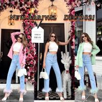 ราคา กางเกงยีนส์แต่งปลายขนนก(s-6xl)ผ้าด้านbu6997 (12859685104)