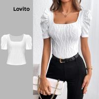 ราคา Lovito เสื้อยืดคอเหลี่ยม แขนหมูแฮม สีพื้น หรูหรา สำหรับผู้หญิง L56ED055 (สีขาว) (20790381625)