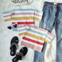 ราคา ‼️SALE129.-‼️ส่งฟรีrainbow of-shoulder crop ปาดไหล่สีรุ้งครอปผ้าไหมพรม งานสวย น่านักมากค่ะตัวนี้ (1224338113)