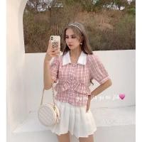 ราคา New Inเสื้อคอปกลายสก็อต แต่งระบายตรงลำตัว กระดุมหน้า (9251492720)