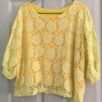ราคา เสื้อลูกไม้ คอกลม แขนจั้ม ลายดอก สีเหลือง Free size (4304593640)