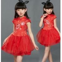 ราคา ตรุษจีน เดรสชุดจีนสีแดง ลายดอกไม้ กระโปรงฟูน่ารัก (877867723)