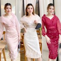 ราคา งานป้าย Stylista เซต2ชิ้น เสื้อครอปคอวีแขนพองยาวเนื้อผ้าแก้วซีทรู กระโปรงแต่งมุกและขนนกสวย (22517465138)