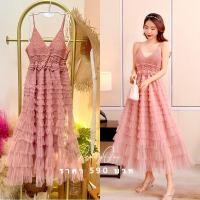 ราคา เดรสยาวสีชมพูเข้ม แต่งระบายชั้นๆ สวยๆ ตรงปก (18683460952)