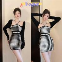 ราคา Vogueพร้อมส่ง ชุดเดรสถักไหมพรม ดีเทลลายทาง ปักดอกไม้ตรงเอว น่ารัก (12355) -C (17392961346)