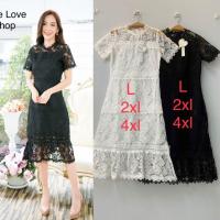 ราคา เดรสลูกไม้ดำ!!! L-4XL Mini Dress เดรสสั้นสีดำแขนสั้นผ้าปักลายลูกไม้ งานป้าย Love love (19183118133)