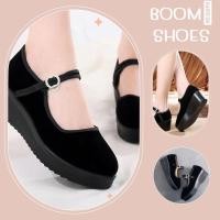 ราคา BOOMรองเท้าคัชชูส้นตึกนิ้วครึ่ง ผ้ากำมะหยี่ สีดำล้วน เบอร์ 34-40 (12499734788)