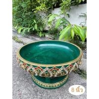 ราคา ขันโตกไม้ ลายบัว สีเขียว 8 นิ้ว พานไม้ เดินเส้นประดับกระจกหลากสี พาน พานโตก ลายไทย ทำแบบทองเก่าโบราณ (11217167387)