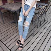 ราคา กางเกงยีนส์ขายาว แต่งเข่าขาด สียีนส์อ่อน (892748409)