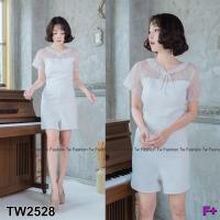 ราคา G2528 จั้มสูท คอระบายตัดต่อผ้าลูกไม้ซีทรู ผูกโบว์หน้า (2286372939)