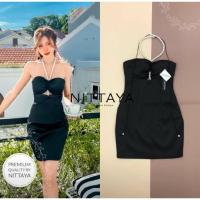 ราคา NIT04 พร้อมส่ง size xs เดรสเกาะอกดำมีสายคล้องคอมุก สวยเซ็กซี่งานดีมีระดับ ป้าย nittaya (18931894445)