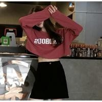 ราคา เสื้อครอปแขนยาวคอกลม คอกว้าง เสื้อแฟชั่น สไตล์เกาหลีสำหรับผู้หญิง เอวลอย เสื้อคอกลม เสื้อแขนยาว (7357714272)