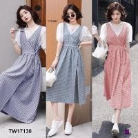 ราคา TW17130 สอบถามสต้อกก่อนโอนค่า ชุดเซ็ท เสื้อ เอี้ยมทรงเดรส ลายสก็อต สีกรม ดำ แดง (15908620700)