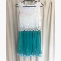 ราคา เดรสสั้น แขนกุด ผ้าลูกไม้+ชีฟอง ปลายพริ้ว สีขาวเขียว ชายระบายสีฟ้า (1282285103)