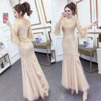 ราคา พร้อมส่ง เดรสออกงาน ชุดราตรียาว สีทอง แขนระบาย ชายแต่งผ้ามุ้ง สวยหรู (23311473024)