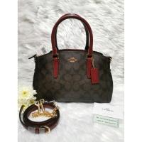 ราคา ของแท้ ของใหม่ % COACH mini sage carryall brown and wine กระเป๋าทรงถังมินิ 9 นิ้ว หูสีไวน์แดง หายากนะคะ (#F31985) (11719451058)