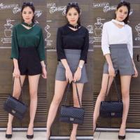 ราคา ชุดเซท เสื้อคอวี แต่งโชคเกอร์ แขนยาว + กางเกงขาสั้น ทรงเรียบหรู ชุดเที่ยว เสื้อผ้าแฟชั่น 3251 (2879601834)