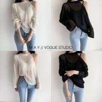 ราคา เสื้อไหมพรมเว้าไหล่ทอลายห่าง ทรง oversize เสื้อไหมพรมแขนยาวสไตล์เกาหลี (12141285329)