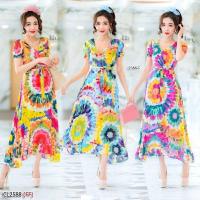 ราคา เดรสยาวผ้าสปันพิมพ์ลายกราฟฟิคสไตล์มัดย้อม สีสด (3758762368)