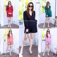 ราคา TwinsShopVipพร้อมส่ง TW9208 จั๊มสูท #สาวอวบ จั๊มสูทสั้นคอวีแขนยาว (3818310128)