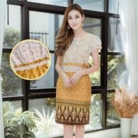 ราคา ชุดเดรสผ้าไทยสีเหลืองลูกไม้โบว์เอว (2286848748)