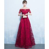 ราคา ชุดราตรียาวสีไวน์แดงดีไซน์เปิดไหล่ ปิดต้นแขน (8403078844)