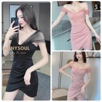 ราคา มินิเดรสสั้นเผยไหล่กว้างสุดน่ารักเซ็กซี่สไตล์เกาหลี ชุดเดรสเผยไหล่ เดรสสั้นออกงาน (22743135335)