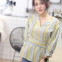 ราคา เสื้อหางปลาแขนพองคอวี ลายริ้ว ผูกโบว์หลัง เพิ่มสม็อคข้างหลัง (2275929073)