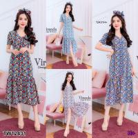 ราคา TW12431 แม็กซี่เดรสชายระบายแต่งกระดุมผ่าหน้า+ยางมัดผม (3149480275)