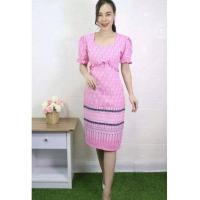 ราคา เดรสสีฟ้า เดรสลายขอสีฟ้า ชุดผ้าฝ้ายลายขอ ชุดผ้าไทย ชุดผ้าไทยสีฟ้า สีชมพู (18630044084)