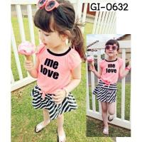 ราคา ชุดเด็กผู้หญิง (เซ็ต 2 ชิ้น) เสื้อคอกลมแขนสั้น me love ผูกเอว สีโอรส + กางเกงกระโปรงเย็บติด ลายทาง สีขาวดำ (11906834074)