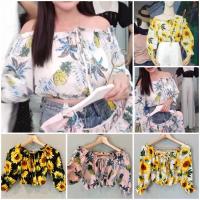 ราคา Sale 59฿ มือ 1 เสื้อครอปปาดไหล่ ผ้าสปัน ลายดอกทานตะวัน ลายสัปปะรด น่ารักมาก มือ 1 (7384793691)
