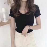 ราคา เสื้อไหมพรมคอวี ผ้าร่อง สีพื้น แขนสั้น สีดำ มือ1 ทรงสวยมากกก!! (9964143041)