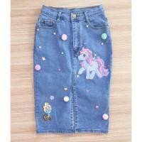 ราคา กระโปรงยีนส์ผ้ายืด ทรงสวย แต่งยูนิคอร์น งานป้าย แบรนด์ Macaron (1825734765)
