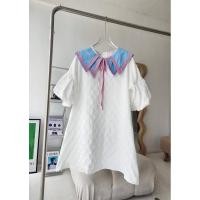ราคา sirin studioเดรสสีขาวผ้าลายนูนดอกไม้แต่คอปกสีฟ้าชมพูA73 (22852711994)